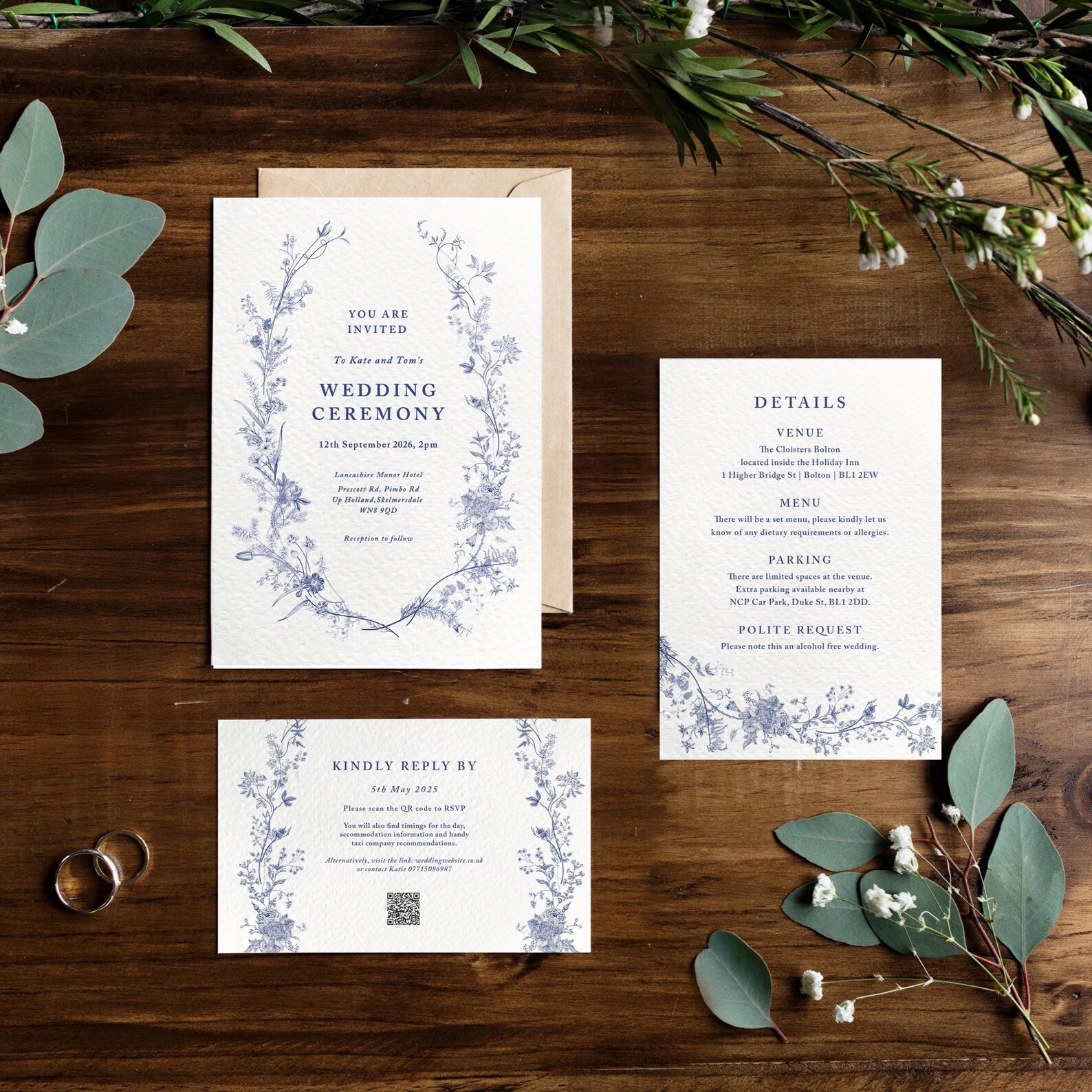 floral blue wedding invites