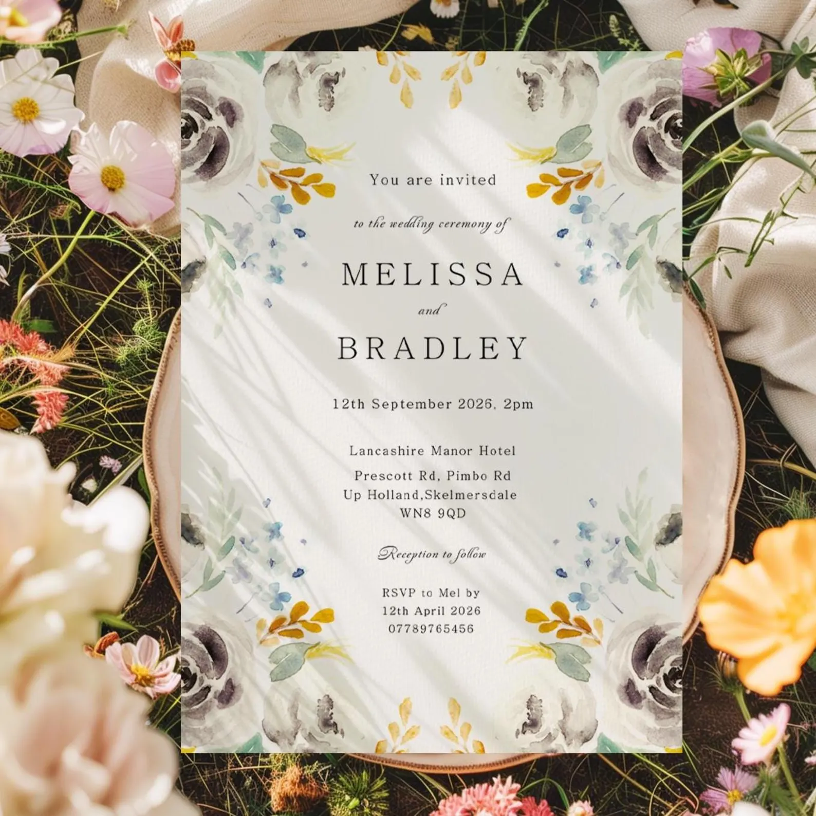 personalised water colour floral wedding invite