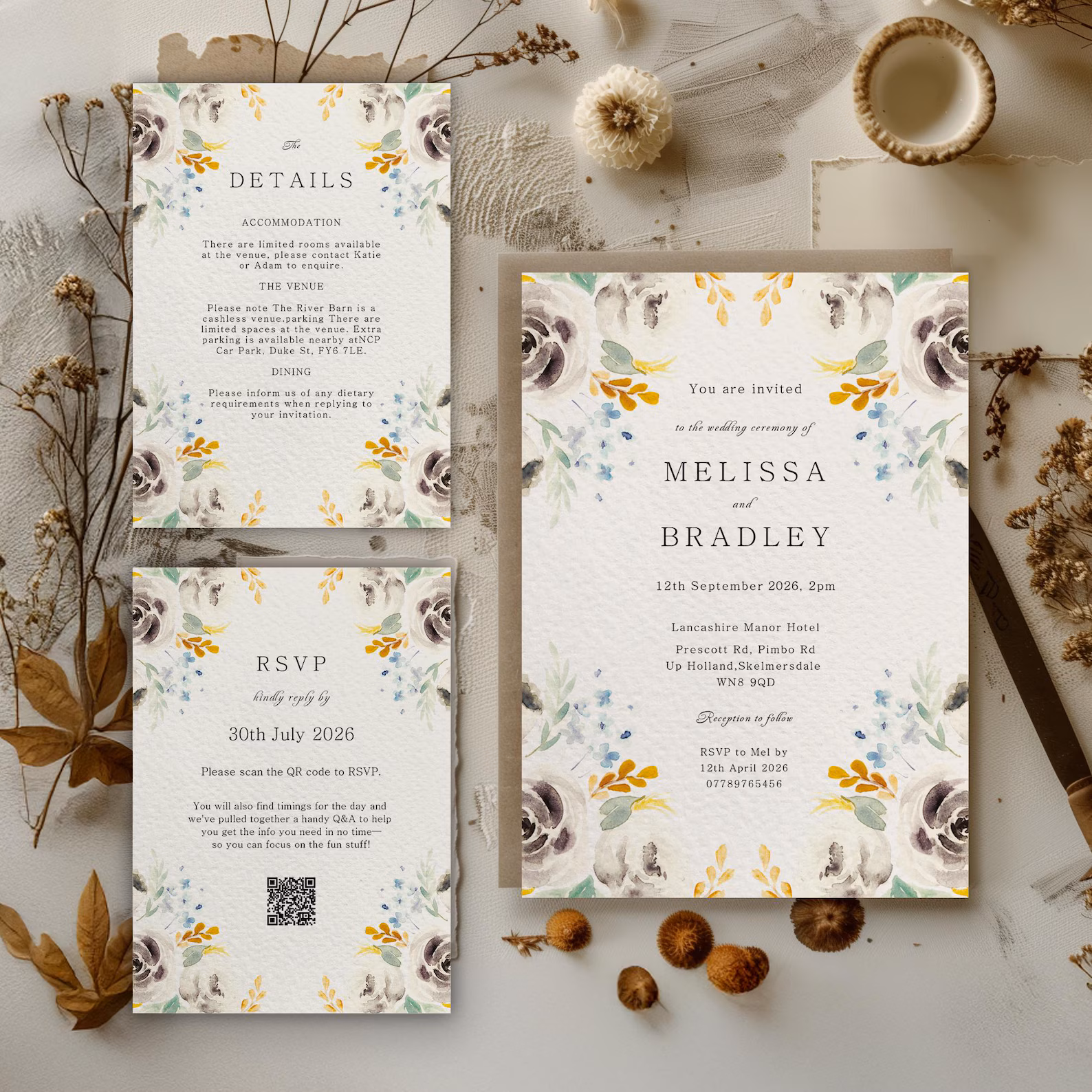 water colour floral wedding invitations