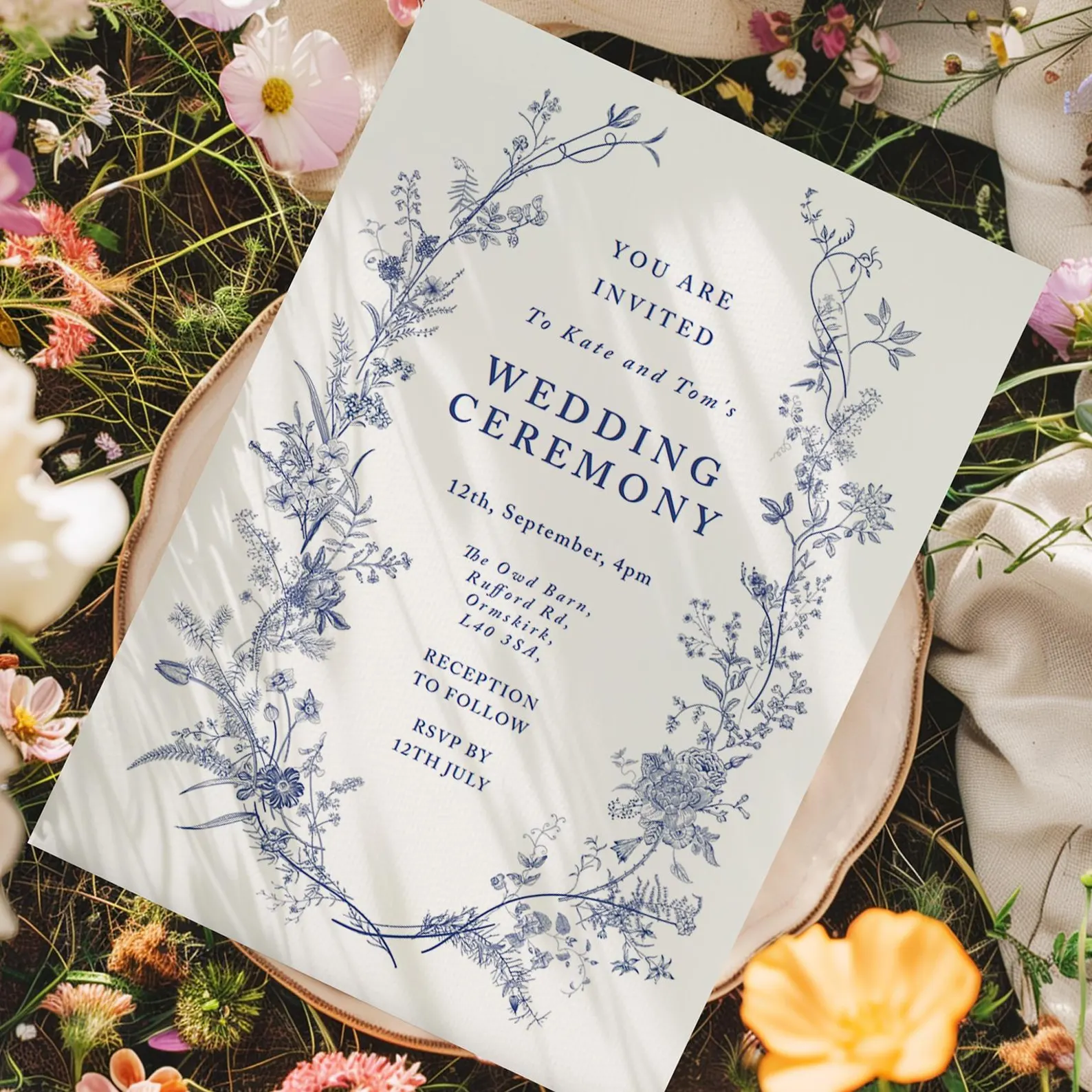personalised blue wildflower wedding invitation