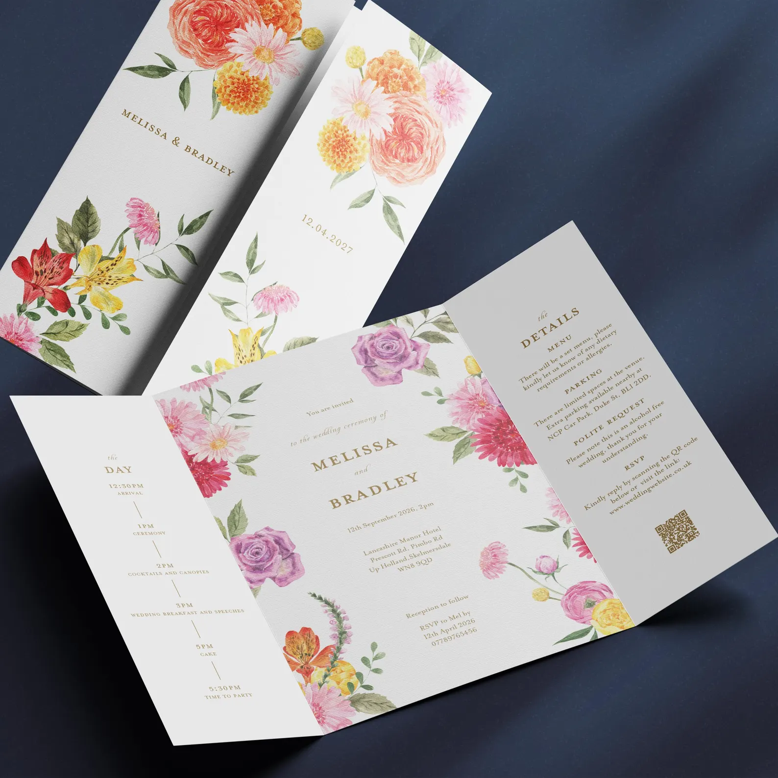 floral folded wedding invitation with order of the day details and rsvp QR code