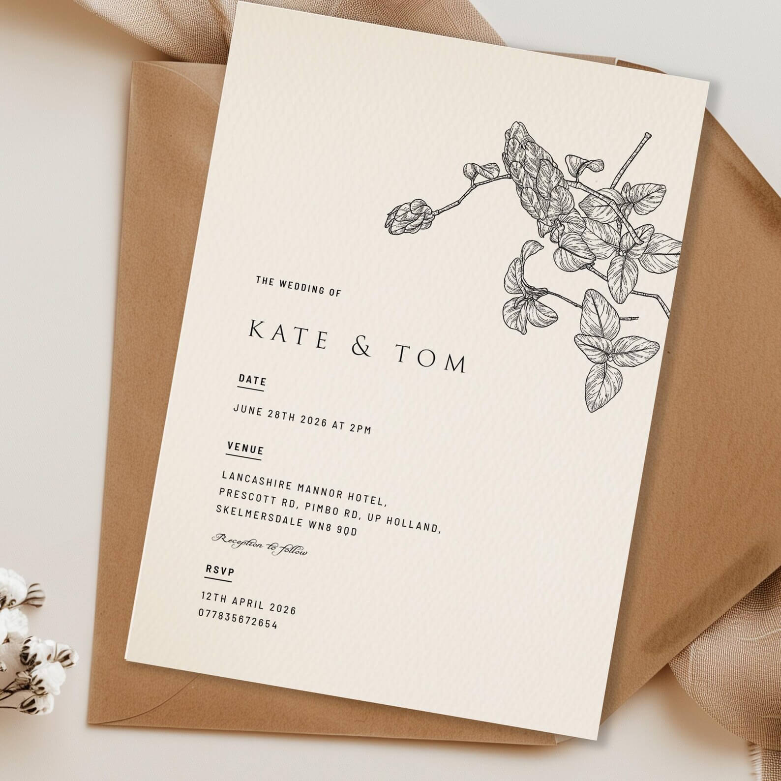 wedding invitation design with simple floral illustration in black and white on textured paper