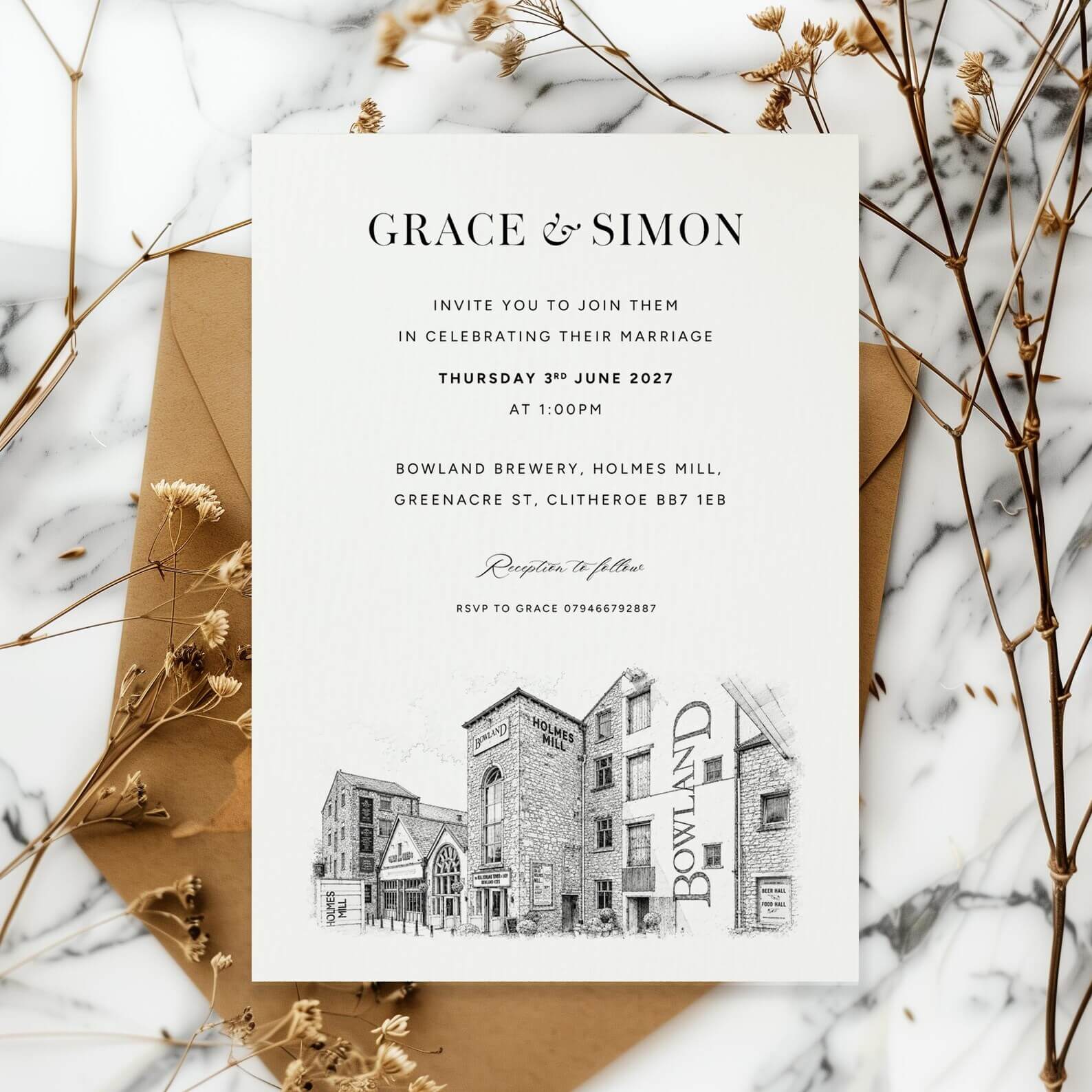 wedding invitation with venue sketched design