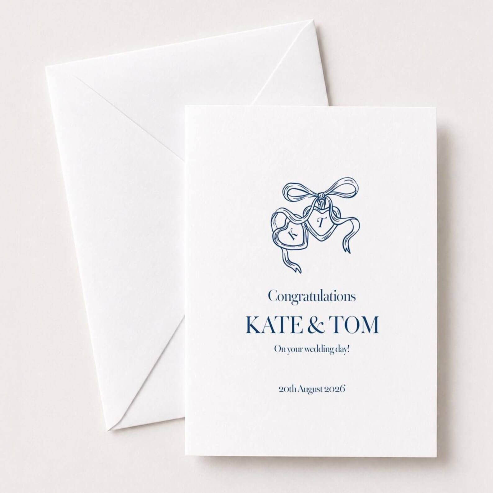 wedding congratulations card with personalised heart locked, custom names and initials
