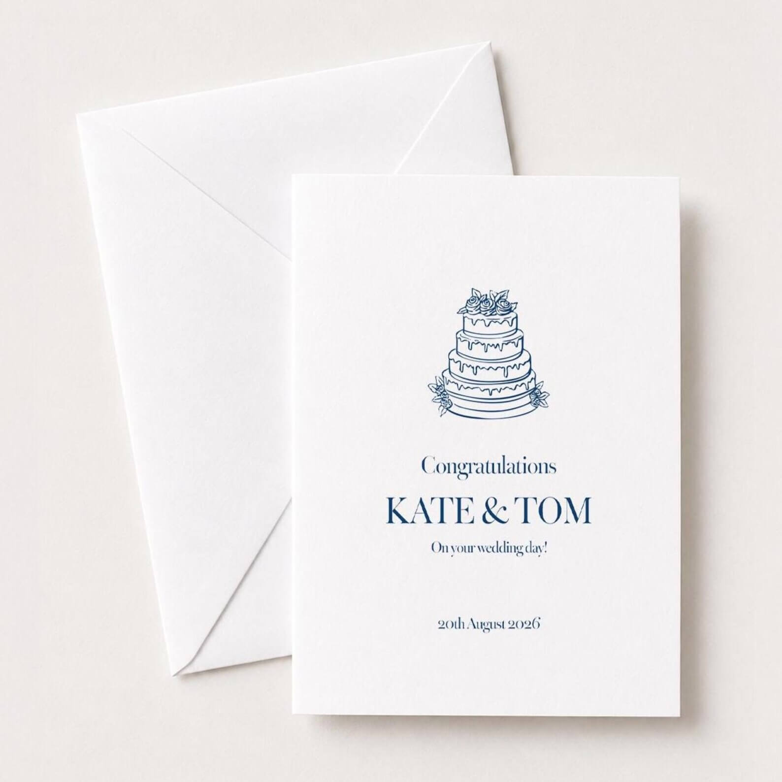 wedding congratulations card with personalised custom names and wedding cake illustration
